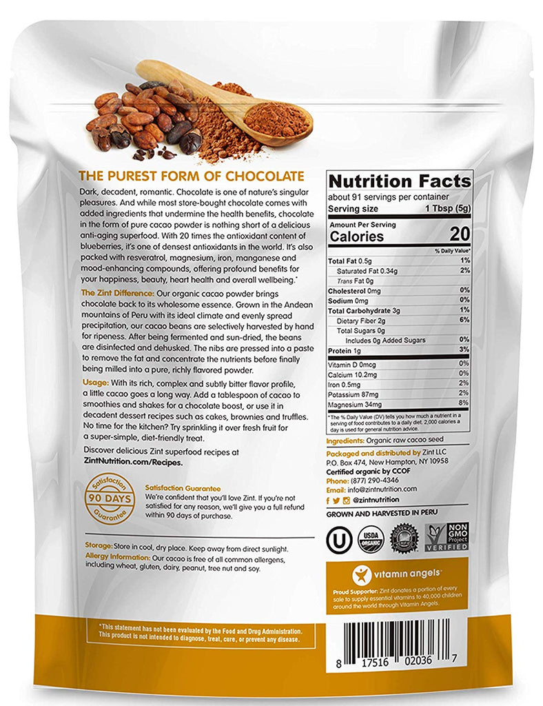 Zint Organic Cacao Powder (16 oz): Raw Non-Alkalized Chocolate With Powerful Antioxidants and Resveratrol