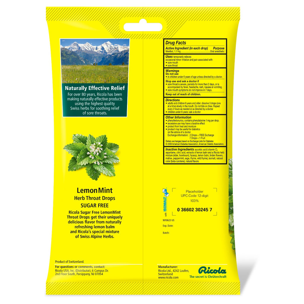 Ricola Cough Drops - Sugar Free Lemon Mint - 45ct